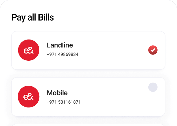 Peko 'Pay all Bills' screen listing Etisalat landline and mobile accounts with checkboxes to pay several in one transaction